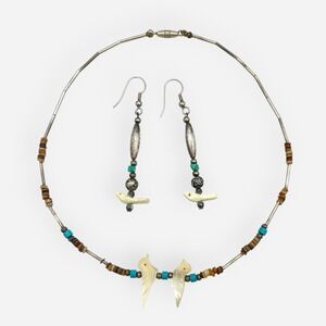 Native American Navajo Silver Bird Fetish Necklace Earrings MOP‎ Turquoise